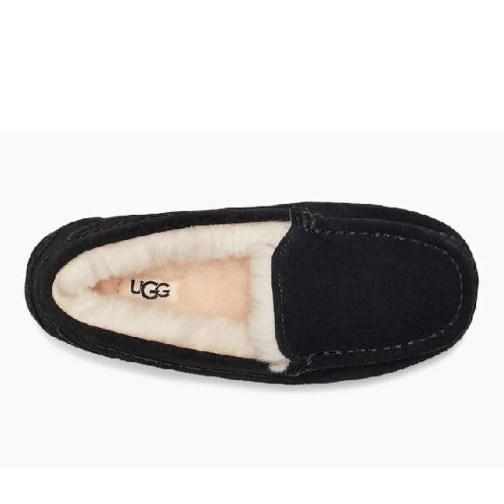 UGG Kids Black Suede Moccasin Slippers with Cream Shearling Lining